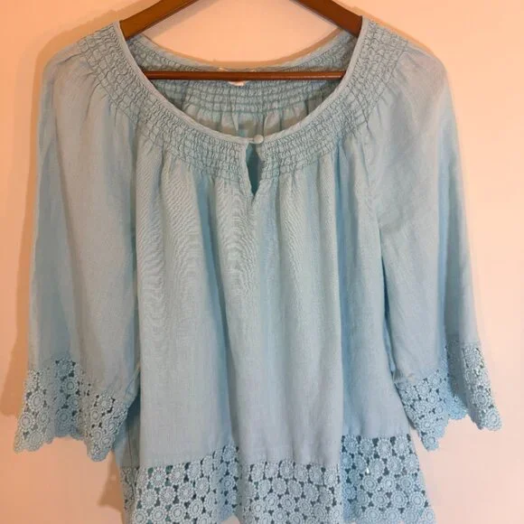 Charter Club Linen Luxury Blue Peasant Style Smocked Neckline Top Size 2X - Picture 3 of 12